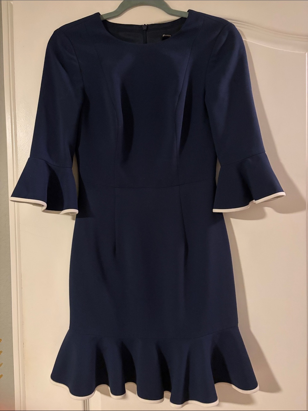 Black Halo Women's Navy Peplum Hem Sheath Dress with Flounce Sleeves